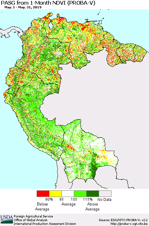 Northern South America PASG from 1-Month NDVI (PROBA-V) Thematic Map For 5/21/2019 - 5/31/2019
