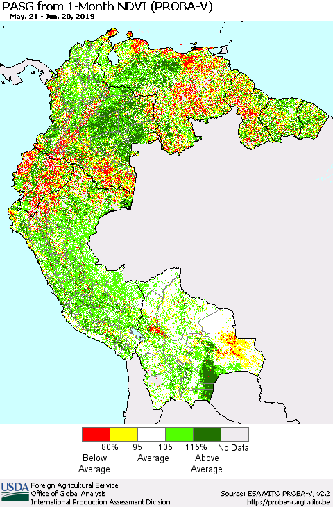 Northern South America PASG from 1-Month NDVI (PROBA-V) Thematic Map For 6/11/2019 - 6/20/2019