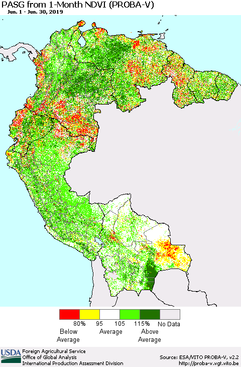 Northern South America PASG from 1-Month NDVI (PROBA-V) Thematic Map For 6/21/2019 - 6/30/2019