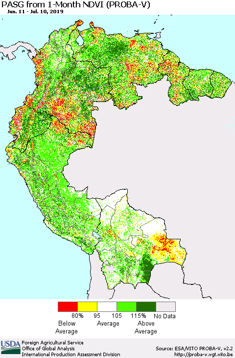 Northern South America PASG from 1-Month NDVI (PROBA-V) Thematic Map For 7/1/2019 - 7/10/2019