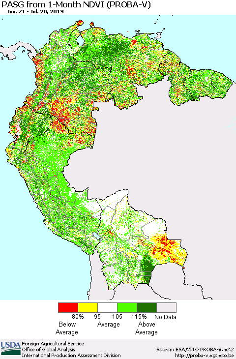 Northern South America PASG from 1-Month NDVI (PROBA-V) Thematic Map For 7/11/2019 - 7/20/2019