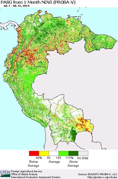 Northern South America PASG from 1-Month NDVI (PROBA-V) Thematic Map For 7/21/2019 - 7/31/2019