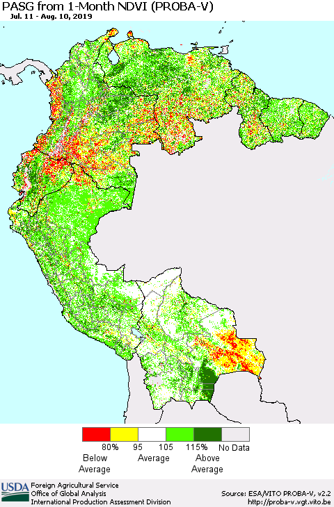 Northern South America PASG from 1-Month NDVI (PROBA-V) Thematic Map For 8/1/2019 - 8/10/2019