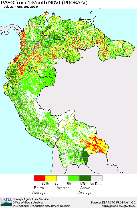 Northern South America PASG from 1-Month NDVI (PROBA-V) Thematic Map For 8/11/2019 - 8/20/2019