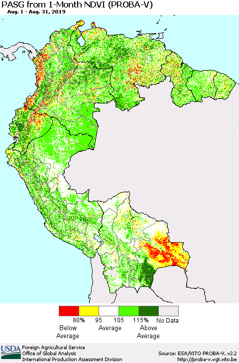 Northern South America PASG from 1-Month NDVI (PROBA-V) Thematic Map For 8/21/2019 - 8/31/2019
