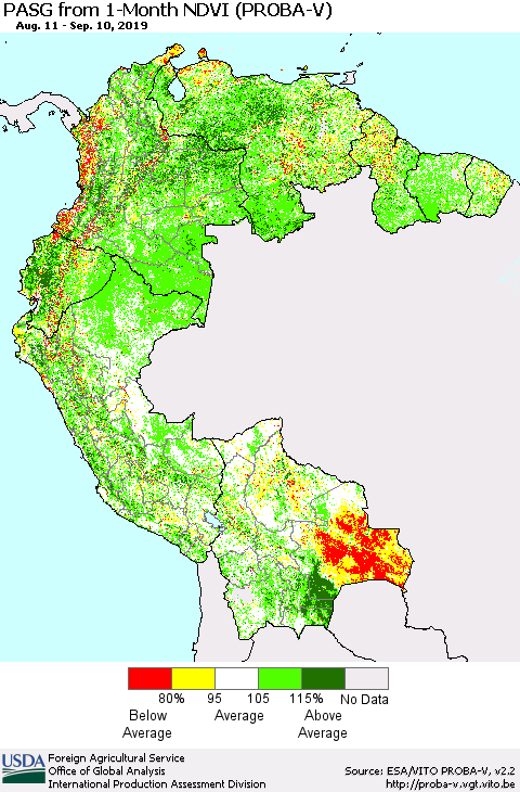 Northern South America PASG from 1-Month NDVI (PROBA-V) Thematic Map For 9/1/2019 - 9/10/2019