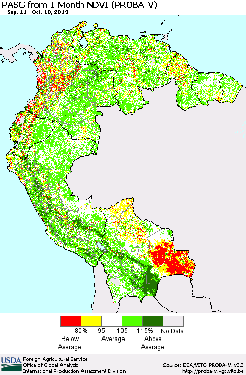 Northern South America PASG from 1-Month NDVI (PROBA-V) Thematic Map For 10/1/2019 - 10/10/2019