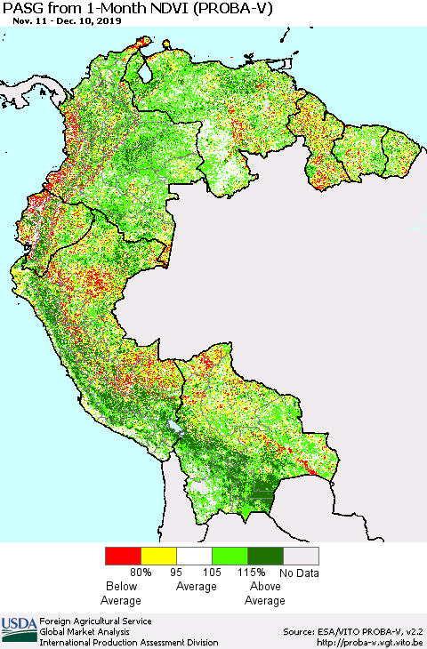 Northern South America PASG from 1-Month NDVI (PROBA-V) Thematic Map For 12/1/2019 - 12/10/2019