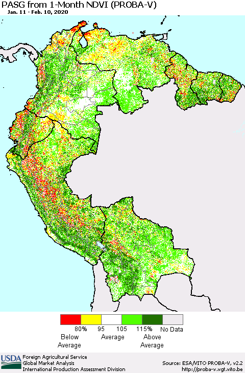 Northern South America PASG from 1-Month NDVI (PROBA-V) Thematic Map For 2/1/2020 - 2/10/2020