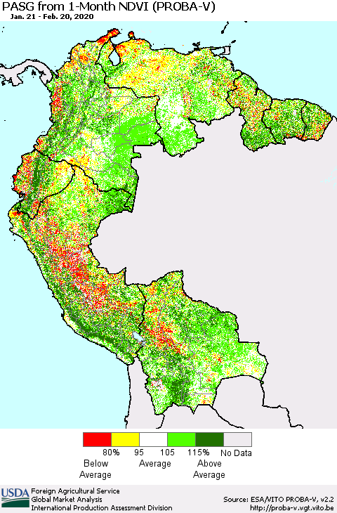 Northern South America PASG from 1-Month NDVI (PROBA-V) Thematic Map For 2/11/2020 - 2/20/2020