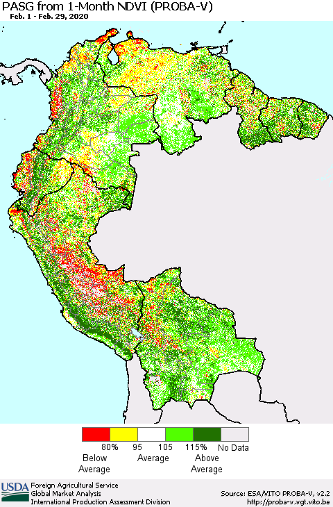 Northern South America PASG from 1-Month NDVI (PROBA-V) Thematic Map For 2/21/2020 - 2/29/2020