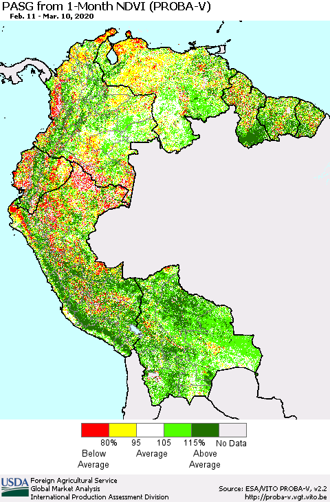Northern South America PASG from 1-Month NDVI (PROBA-V) Thematic Map For 3/1/2020 - 3/10/2020