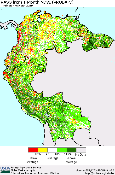 Northern South America PASG from 1-Month NDVI (PROBA-V) Thematic Map For 3/11/2020 - 3/20/2020
