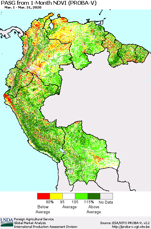 Northern South America PASG from 1-Month NDVI (PROBA-V) Thematic Map For 3/21/2020 - 3/31/2020