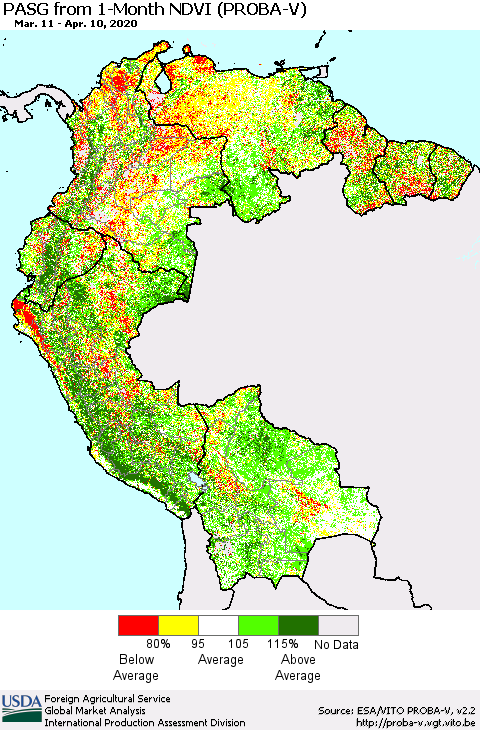 Northern South America PASG from 1-Month NDVI (PROBA-V) Thematic Map For 4/1/2020 - 4/10/2020