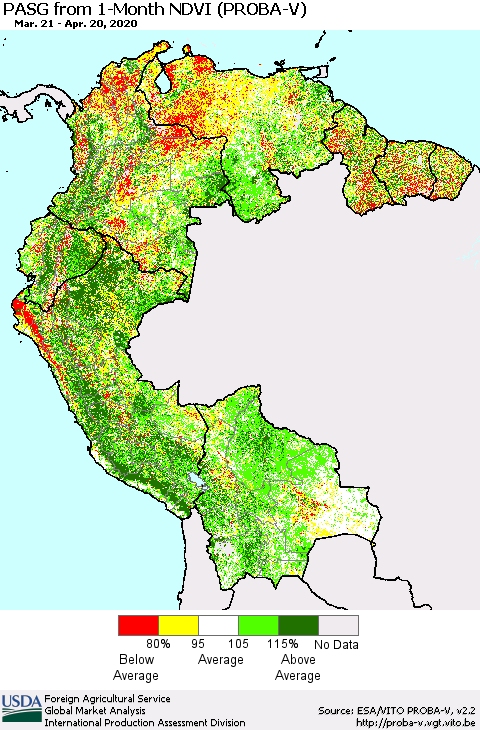 Northern South America PASG from 1-Month NDVI (PROBA-V) Thematic Map For 4/11/2020 - 4/20/2020