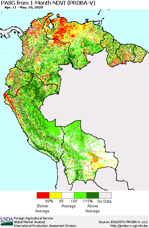 Northern South America PASG from 1-Month NDVI (PROBA-V) Thematic Map For 5/1/2020 - 5/10/2020