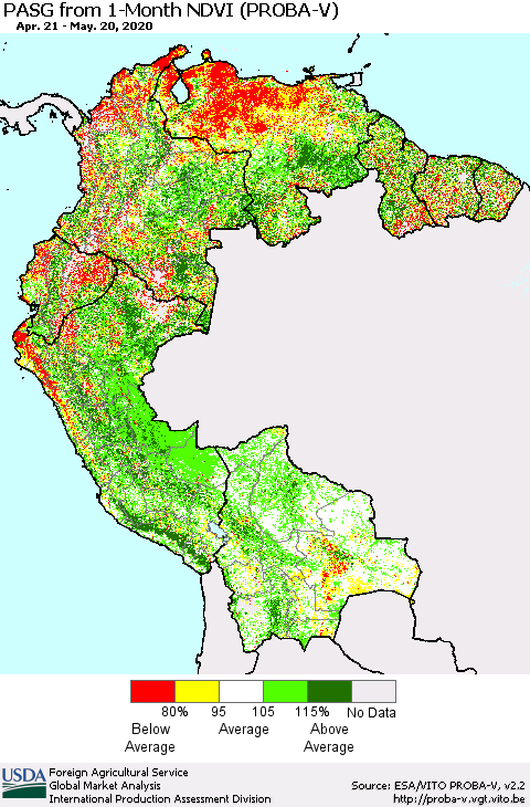 Northern South America PASG from 1-Month NDVI (PROBA-V) Thematic Map For 5/11/2020 - 5/20/2020
