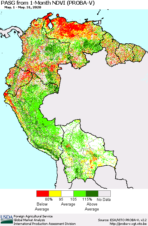 Northern South America PASG from 1-Month NDVI (PROBA-V) Thematic Map For 5/21/2020 - 5/31/2020