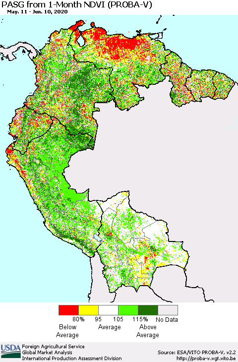 Northern South America PASG from 1-Month NDVI (PROBA-V) Thematic Map For 6/1/2020 - 6/10/2020