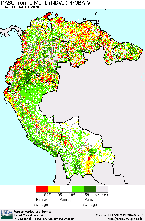 Northern South America PASG from 1-Month NDVI (PROBA-V) Thematic Map For 7/1/2020 - 7/10/2020