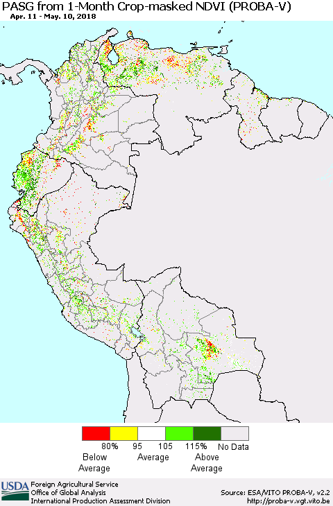 Northern South America PASG from 1-Month Crop-masked NDVI (PROBA-V) Thematic Map For 5/1/2018 - 5/10/2018