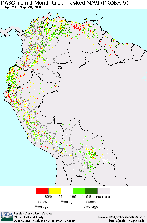 Northern South America PASG from 1-Month Crop-masked NDVI (PROBA-V) Thematic Map For 5/11/2018 - 5/20/2018