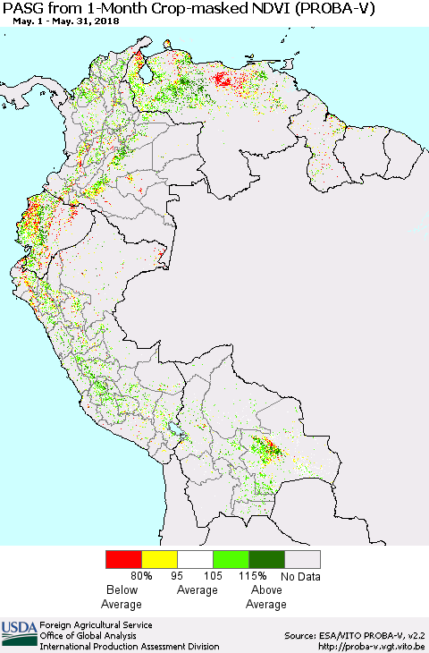Northern South America PASG from 1-Month Crop-masked NDVI (PROBA-V) Thematic Map For 5/21/2018 - 5/31/2018