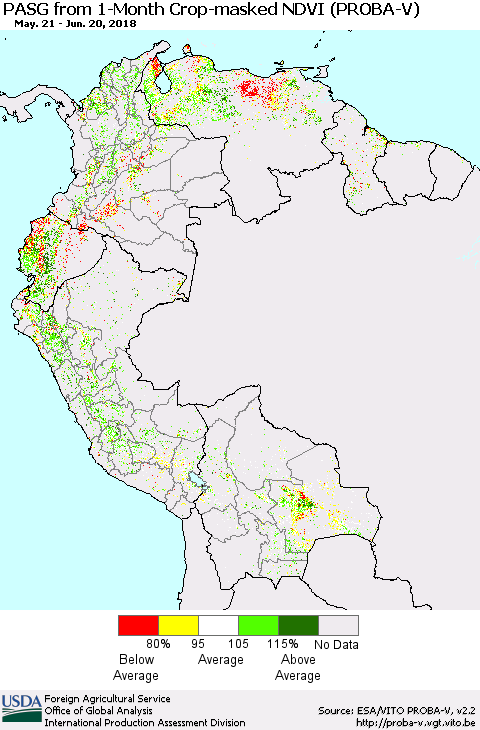 Northern South America PASG from 1-Month Crop-masked NDVI (PROBA-V) Thematic Map For 6/11/2018 - 6/20/2018
