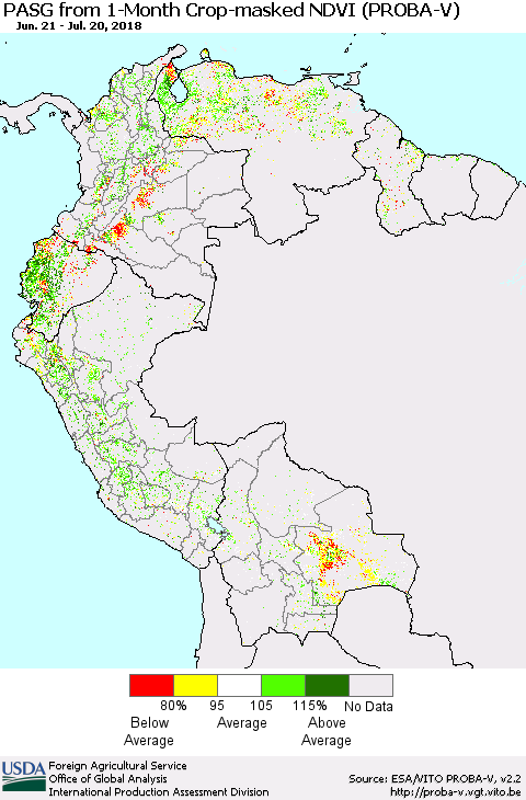 Northern South America PASG from 1-Month Crop-masked NDVI (PROBA-V) Thematic Map For 7/11/2018 - 7/20/2018