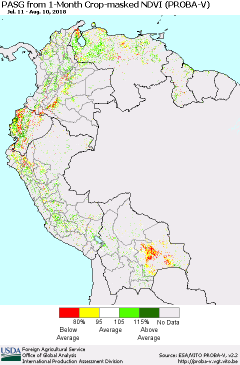 Northern South America PASG from 1-Month Crop-masked NDVI (PROBA-V) Thematic Map For 8/1/2018 - 8/10/2018