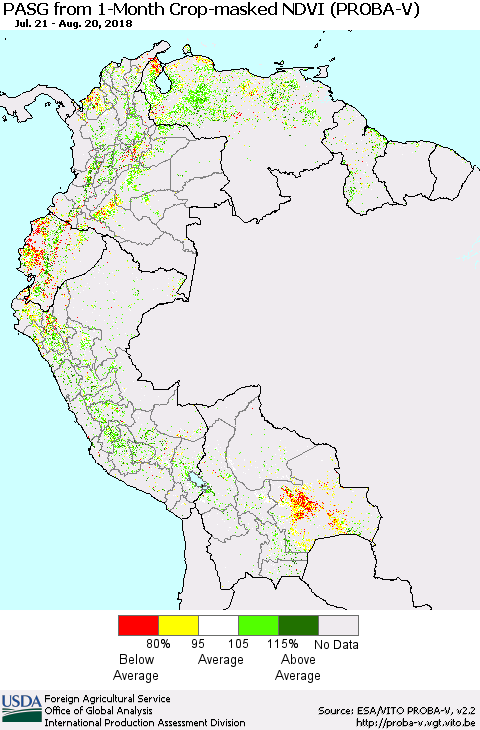 Northern South America PASG from 1-Month Crop-masked NDVI (PROBA-V) Thematic Map For 8/11/2018 - 8/20/2018