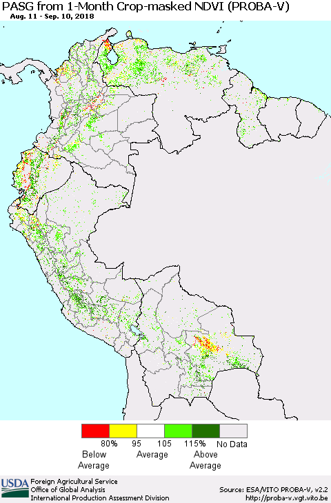 Northern South America PASG from 1-Month Crop-masked NDVI (PROBA-V) Thematic Map For 9/1/2018 - 9/10/2018