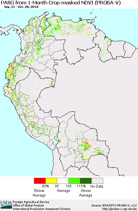 Northern South America PASG from 1-Month Crop-masked NDVI (PROBA-V) Thematic Map For 10/11/2018 - 10/20/2018