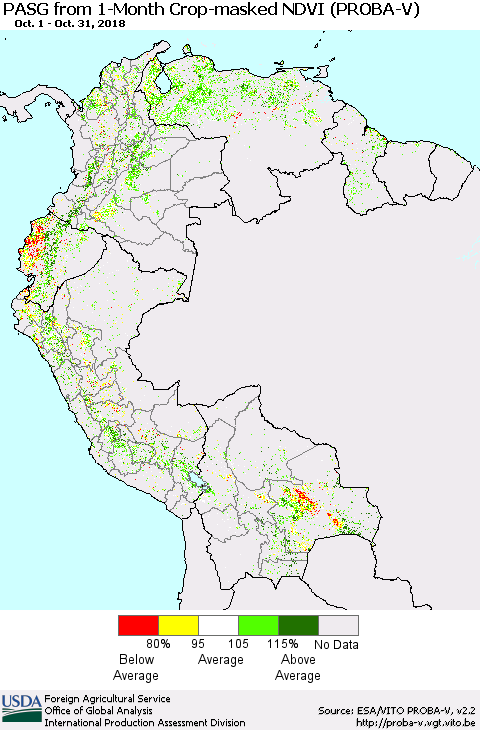 Northern South America PASG from 1-Month Crop-masked NDVI (PROBA-V) Thematic Map For 10/21/2018 - 10/31/2018