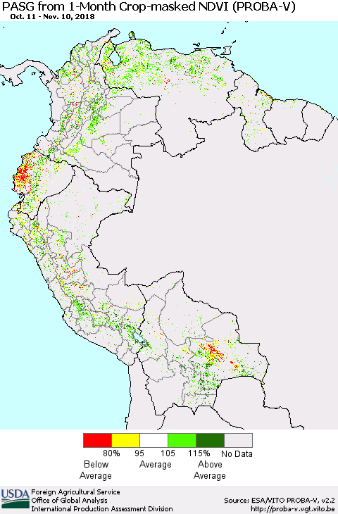 Northern South America PASG from 1-Month Crop-masked NDVI (PROBA-V) Thematic Map For 11/1/2018 - 11/10/2018