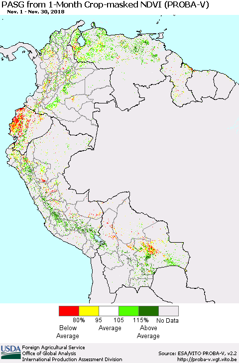 Northern South America PASG from 1-Month Crop-masked NDVI (PROBA-V) Thematic Map For 11/21/2018 - 11/30/2018