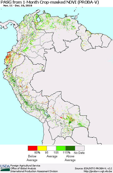 Northern South America PASG from 1-Month Crop-masked NDVI (PROBA-V) Thematic Map For 12/1/2018 - 12/10/2018