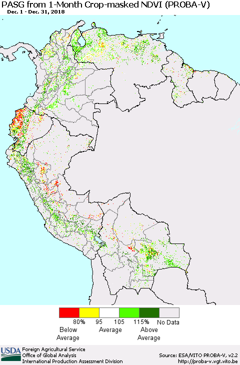 Northern South America PASG from 1-Month Crop-masked NDVI (PROBA-V) Thematic Map For 12/21/2018 - 12/31/2018