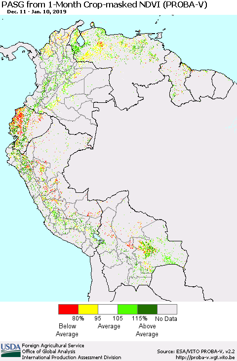 Northern South America PASG from 1-Month Crop-masked NDVI (PROBA-V) Thematic Map For 1/1/2019 - 1/10/2019