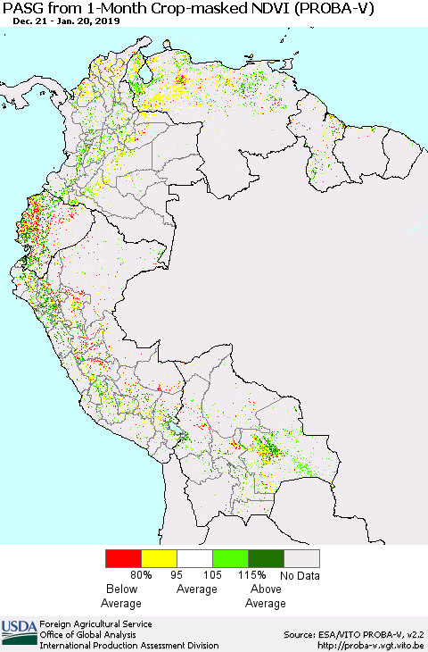 Northern South America PASG from 1-Month Crop-masked NDVI (PROBA-V) Thematic Map For 1/11/2019 - 1/20/2019