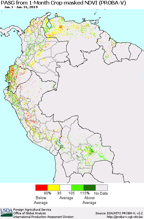 Northern South America PASG from 1-Month Crop-masked NDVI (PROBA-V) Thematic Map For 1/21/2019 - 1/31/2019