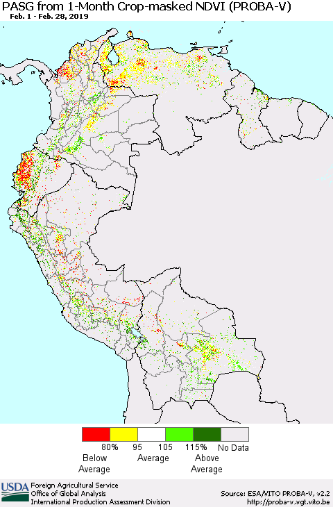 Northern South America PASG from 1-Month Crop-masked NDVI (PROBA-V) Thematic Map For 2/21/2019 - 2/28/2019
