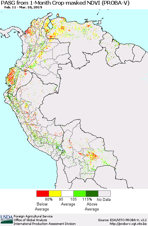 Northern South America PASG from 1-Month Crop-masked NDVI (PROBA-V) Thematic Map For 3/1/2019 - 3/10/2019