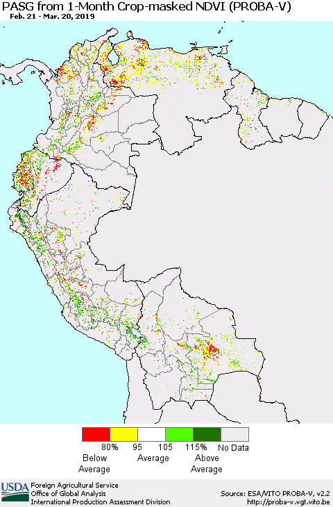Northern South America PASG from 1-Month Crop-masked NDVI (PROBA-V) Thematic Map For 3/11/2019 - 3/20/2019