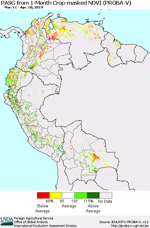 Northern South America PASG from 1-Month Crop-masked NDVI (PROBA-V) Thematic Map For 4/1/2019 - 4/10/2019