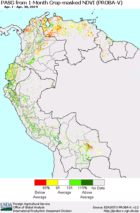 Northern South America PASG from 1-Month Crop-masked NDVI (PROBA-V) Thematic Map For 4/21/2019 - 4/30/2019