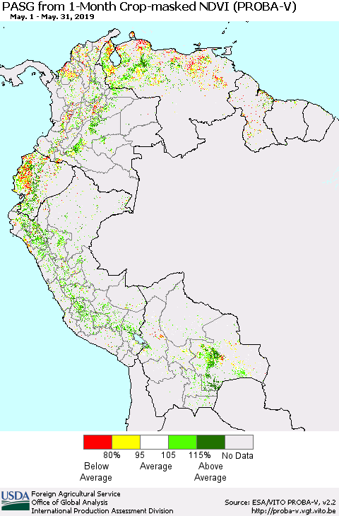 Northern South America PASG from 1-Month Crop-masked NDVI (PROBA-V) Thematic Map For 5/21/2019 - 5/31/2019