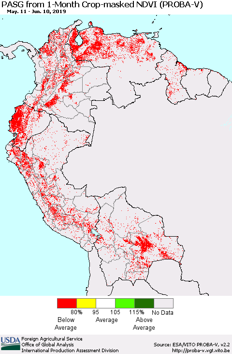 Northern South America PASG from 1-Month Crop-masked NDVI (PROBA-V) Thematic Map For 6/1/2019 - 6/10/2019
