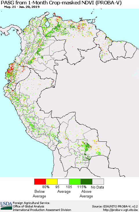 Northern South America PASG from 1-Month Crop-masked NDVI (PROBA-V) Thematic Map For 6/11/2019 - 6/20/2019